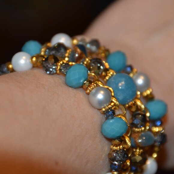 RARE VINTAGE JOSE & MARIA BARRERA TURQUOISE CRYSTAL PEARL GOLD STRAND BRACELET - Picture 11 of 11
